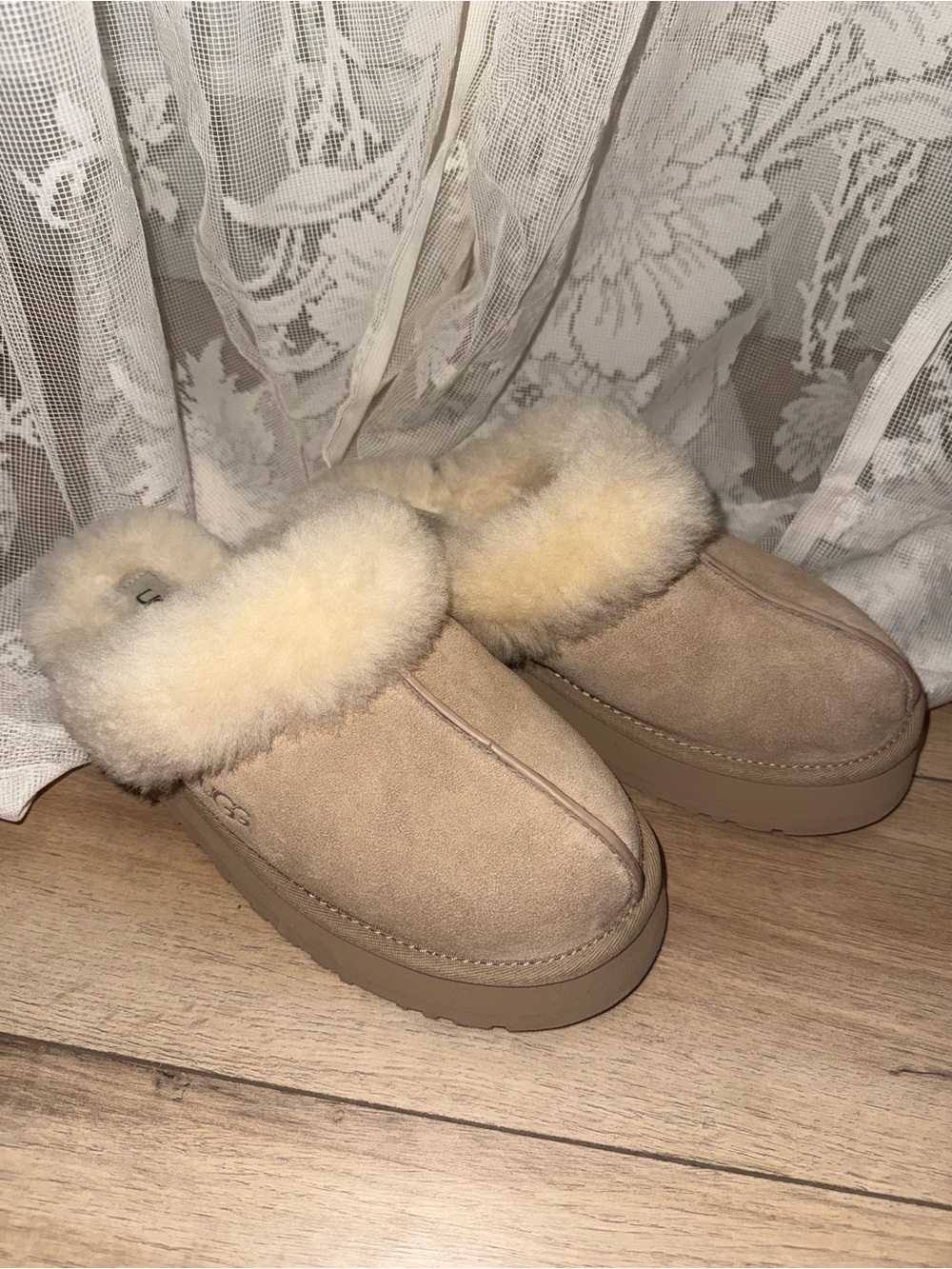 UGG Women's Tan Suede Shearling Clog Mules